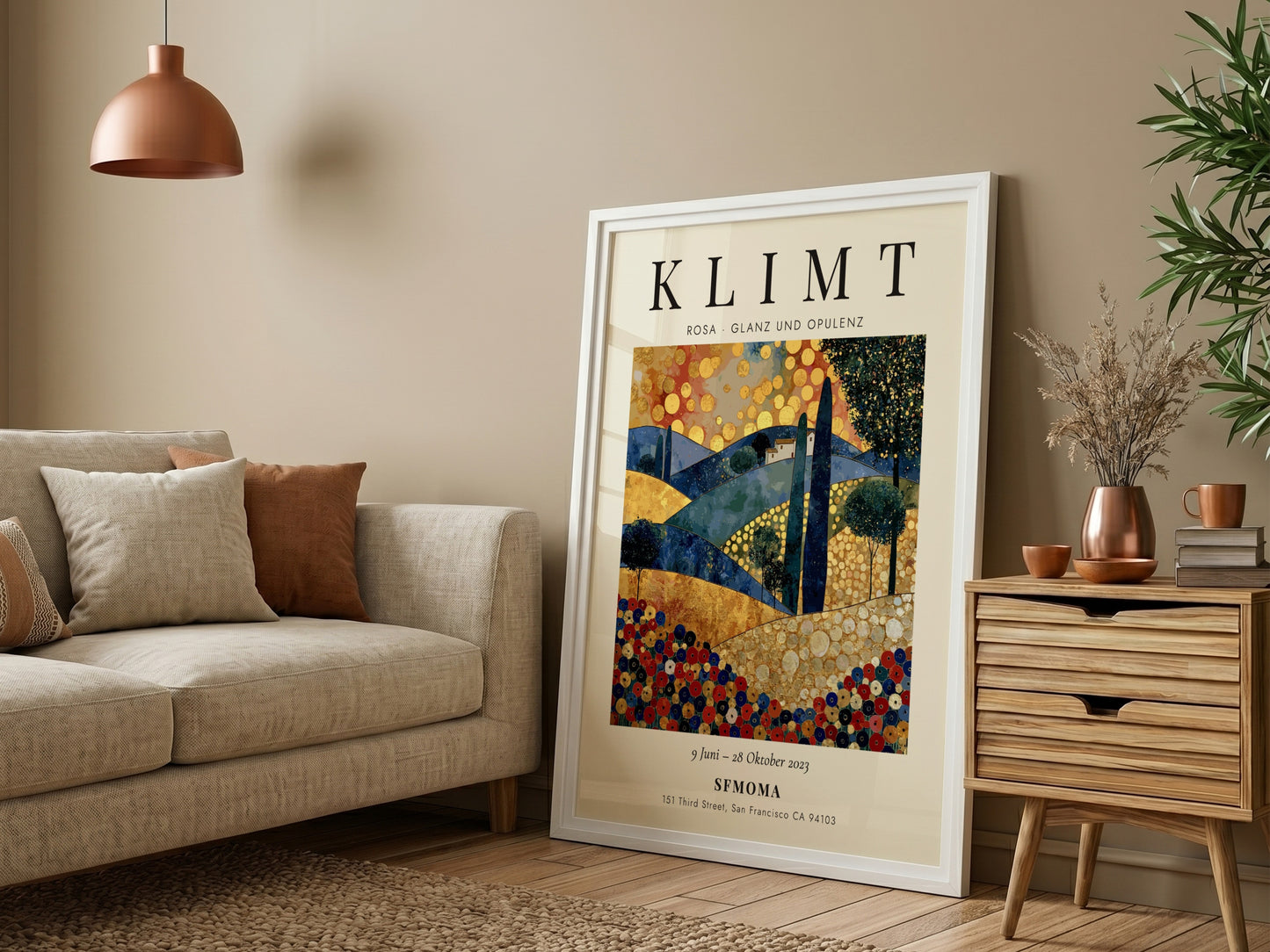 Poster inspired by Gustav Klimt featuring vibrant colors and intricate patterns in a lush landscape