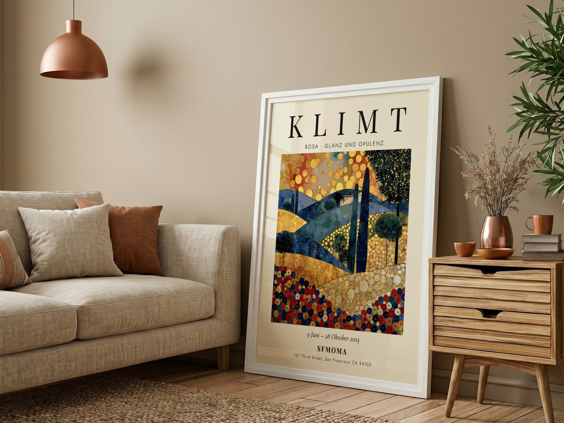 Poster inspired by Gustav Klimt featuring vibrant colors and intricate patterns in a lush landscape