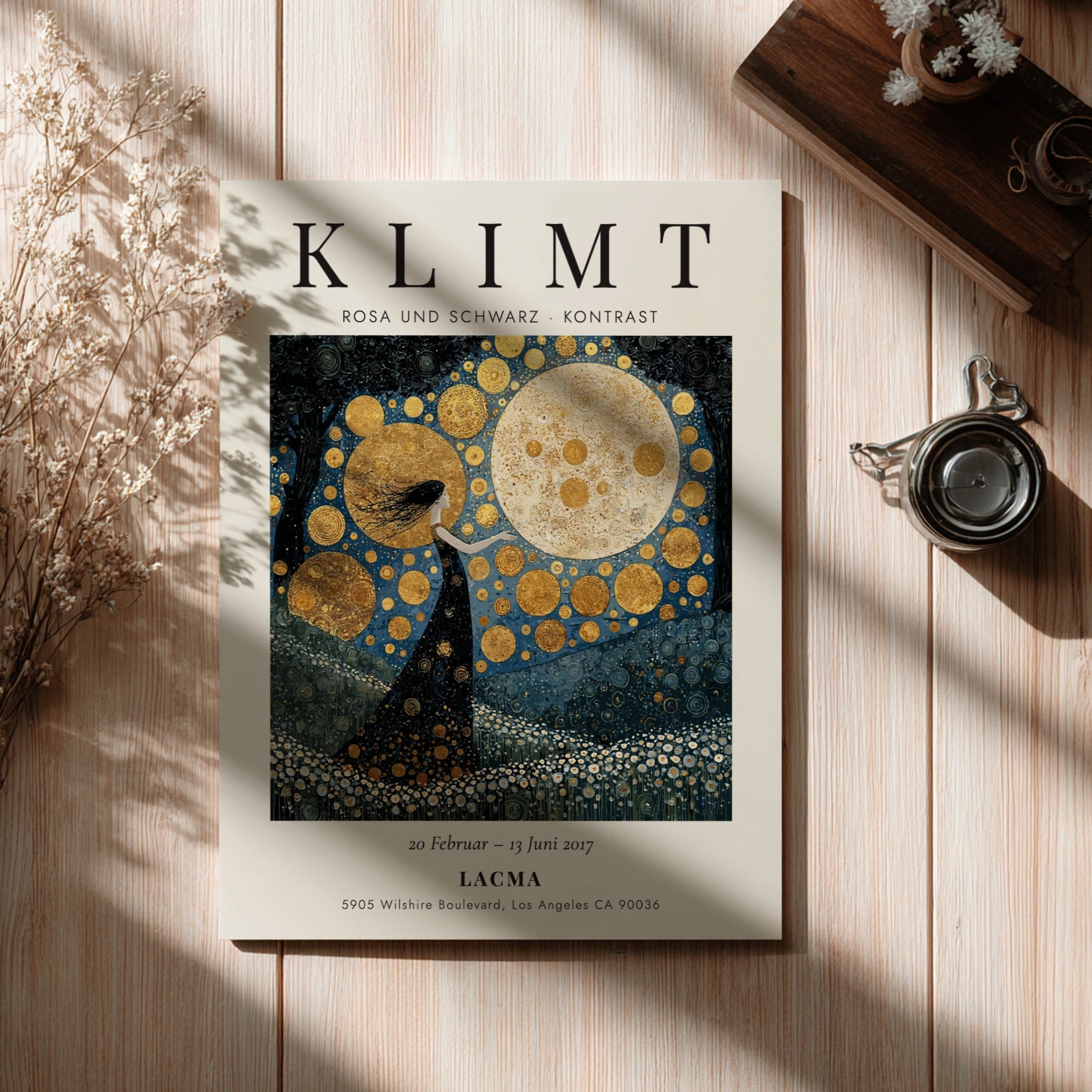 Rosa und Schwarz poster inspired by Gustav Klimt featuring black and gold colors, elegant design, and