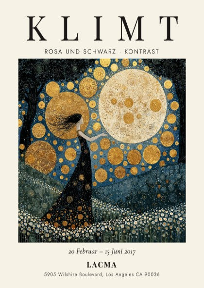 Rosa und Schwarz poster inspired by Gustav Klimt featuring black and gold colors, elegant design, and