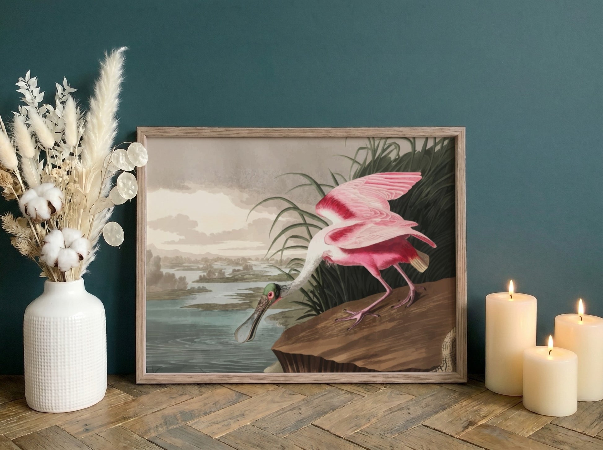 Roseate Spoonbill art poster featuring pink hues and vintage style, ideal for nature decor