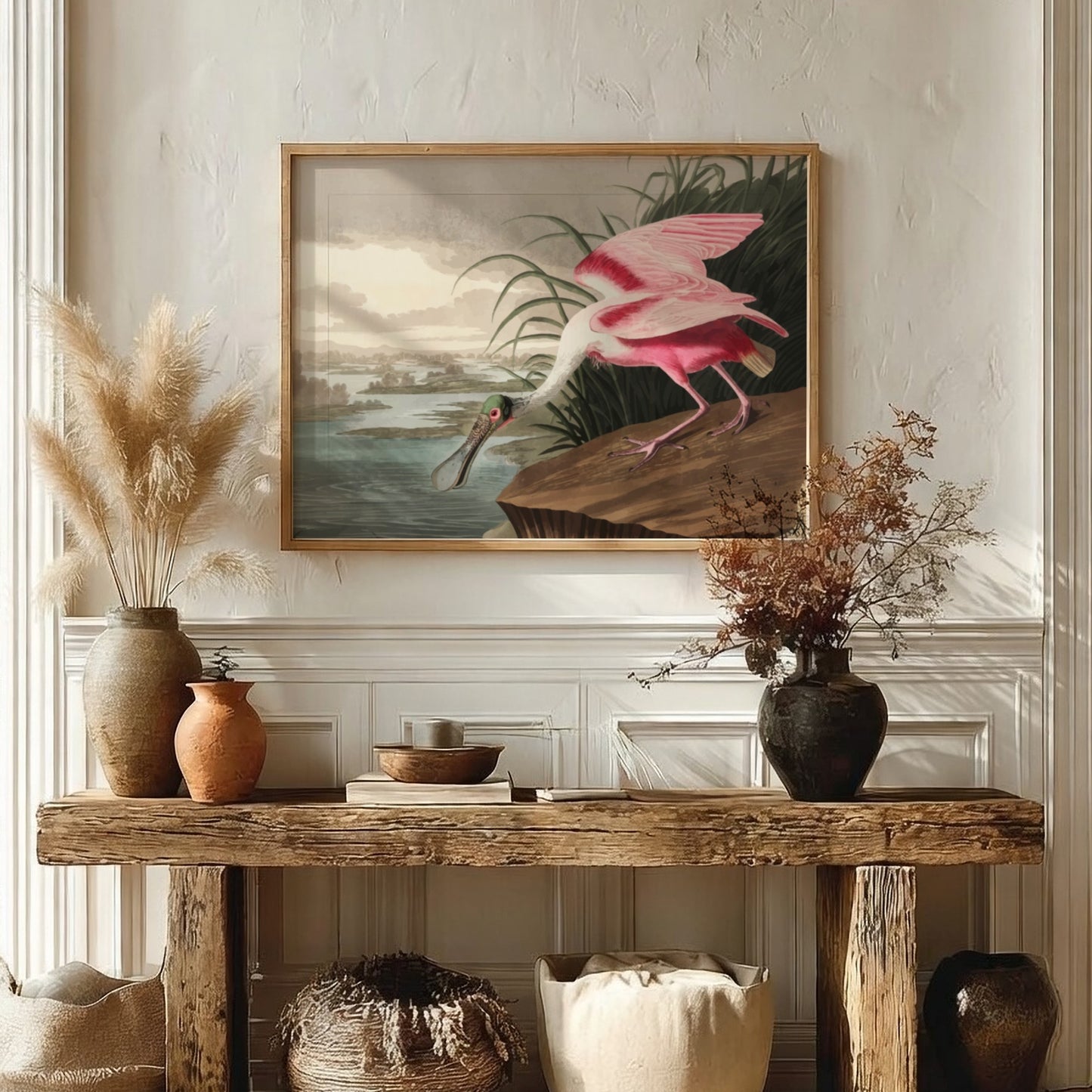 Roseate Spoonbill art poster featuring pink hues and vintage style, ideal for nature decor