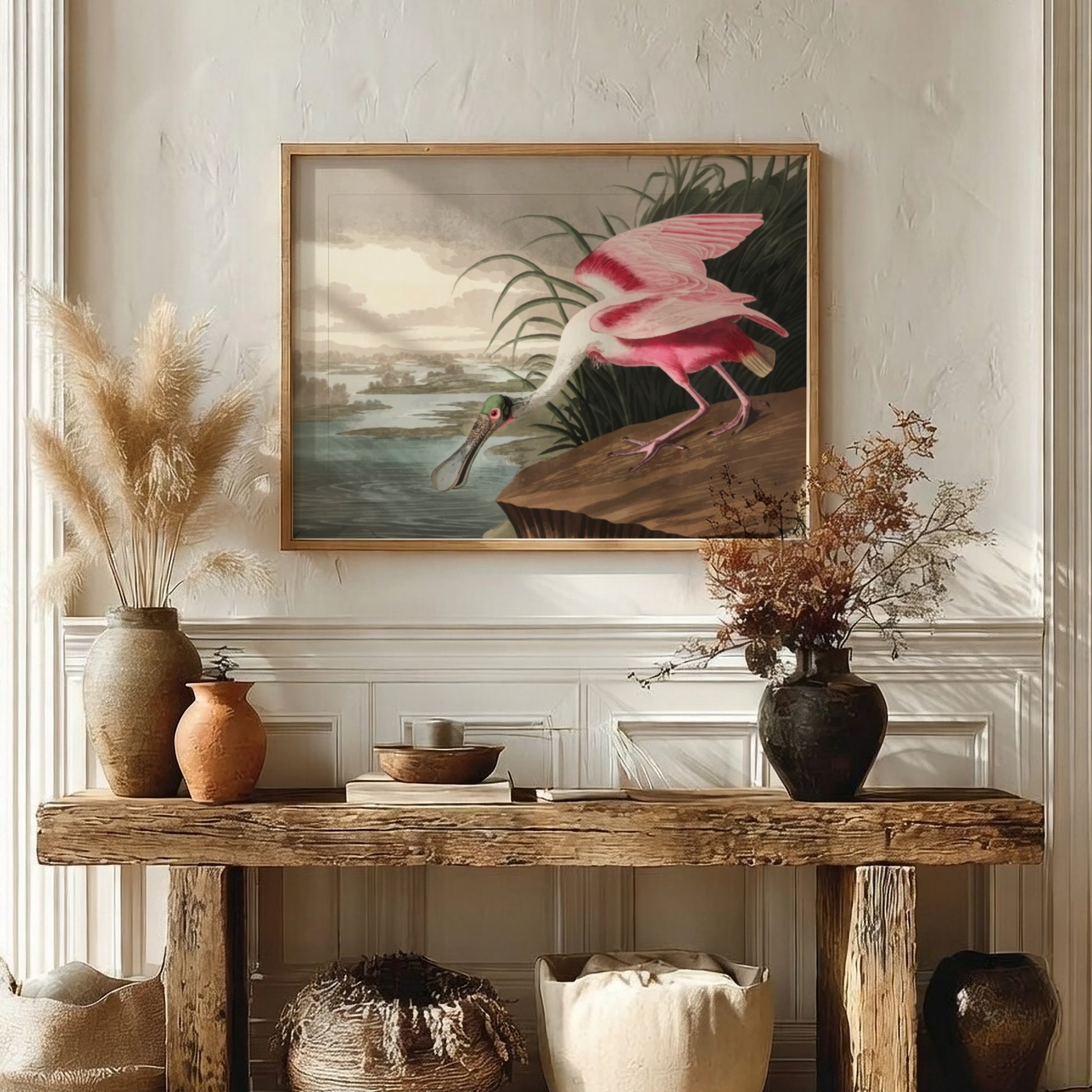 Roseate Spoonbill art poster featuring pink hues and vintage style, ideal for nature decor