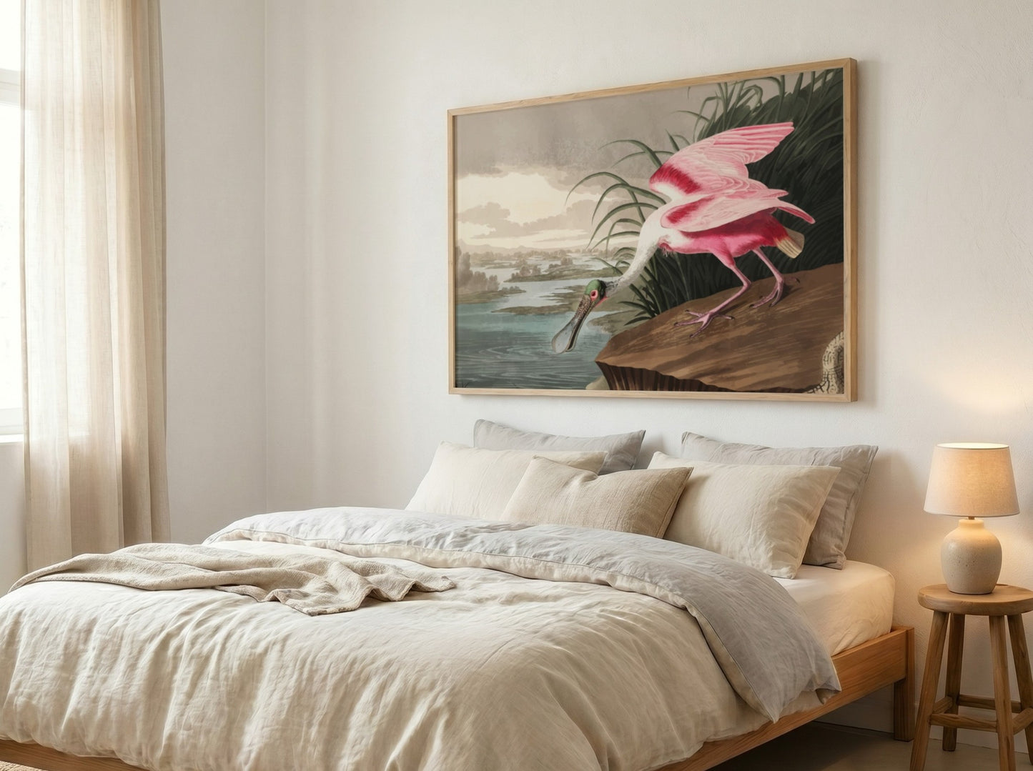 Roseate Spoonbill art poster featuring pink hues and vintage style, ideal for nature decor