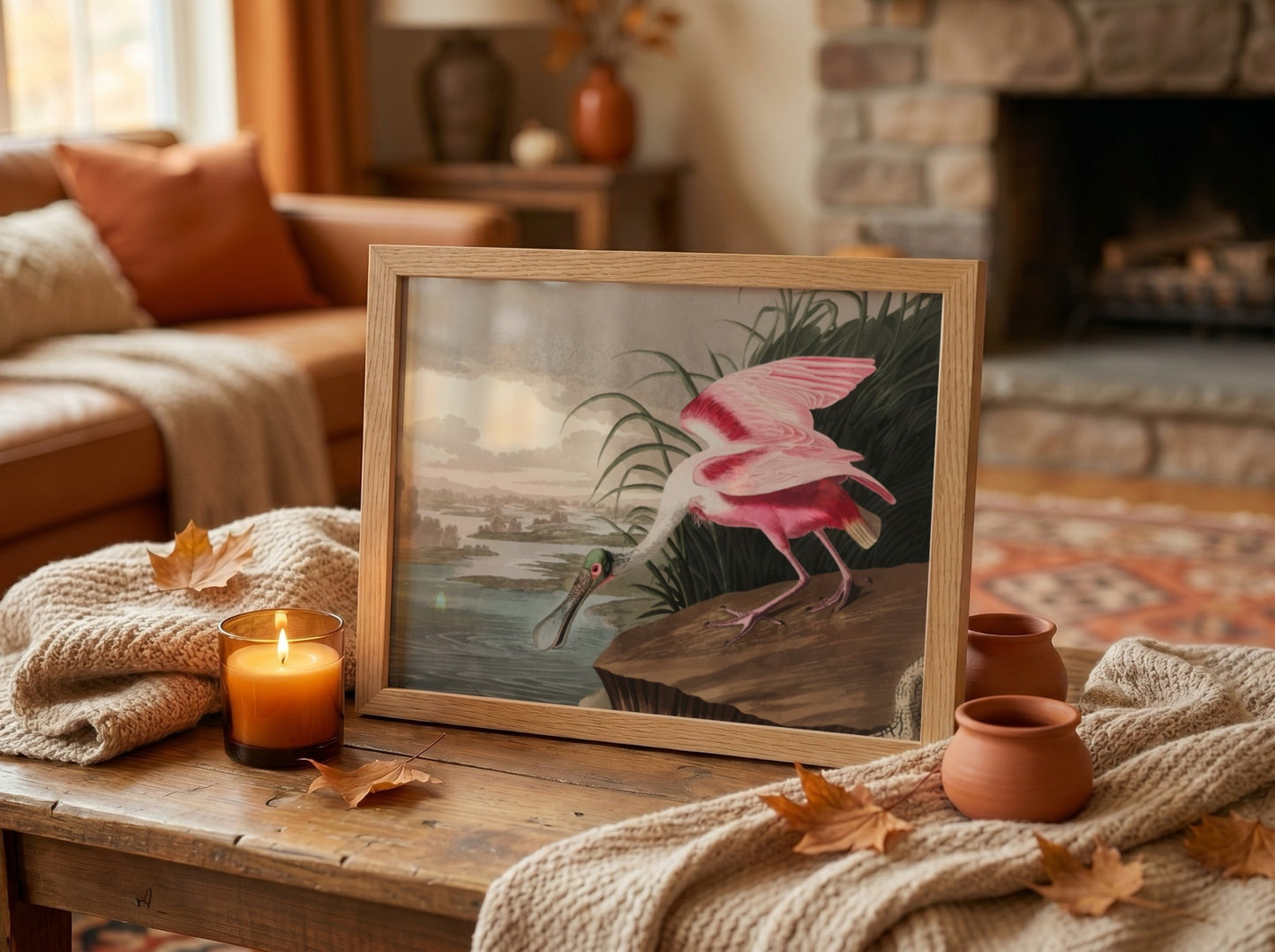 Roseate Spoonbill art poster featuring pink hues and vintage style, ideal for nature decor