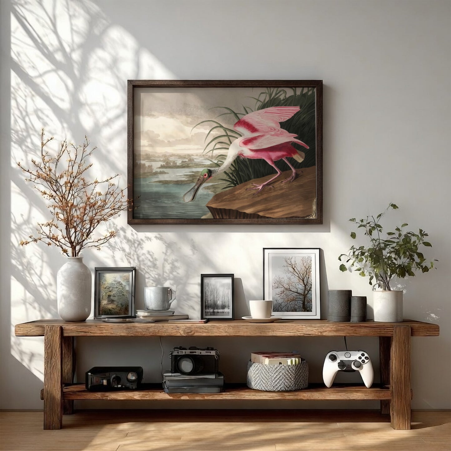 Roseate Spoonbill art poster featuring pink hues and vintage style, ideal for nature decor