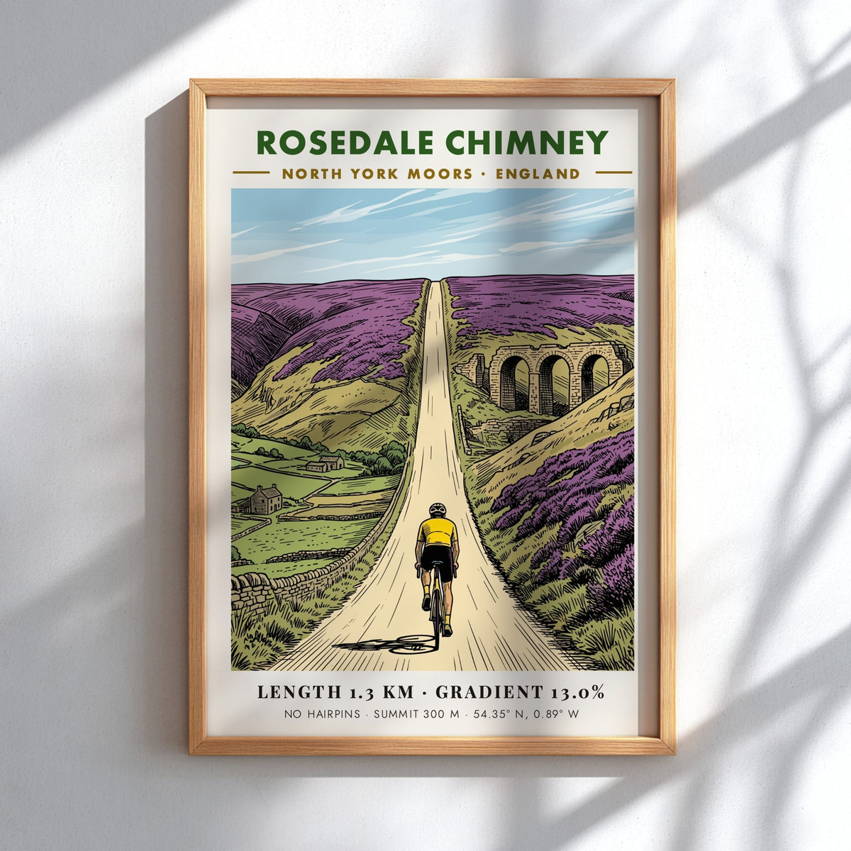 Poster of a cyclist climbing the steep Rosedale Chimney road in North York Moors