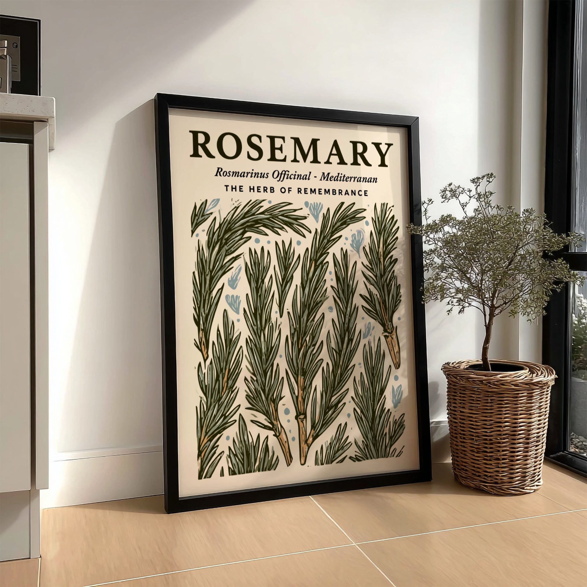 Kitchen poster featuring rosemary sprigs in green tones, botanical style, perfect for home decor