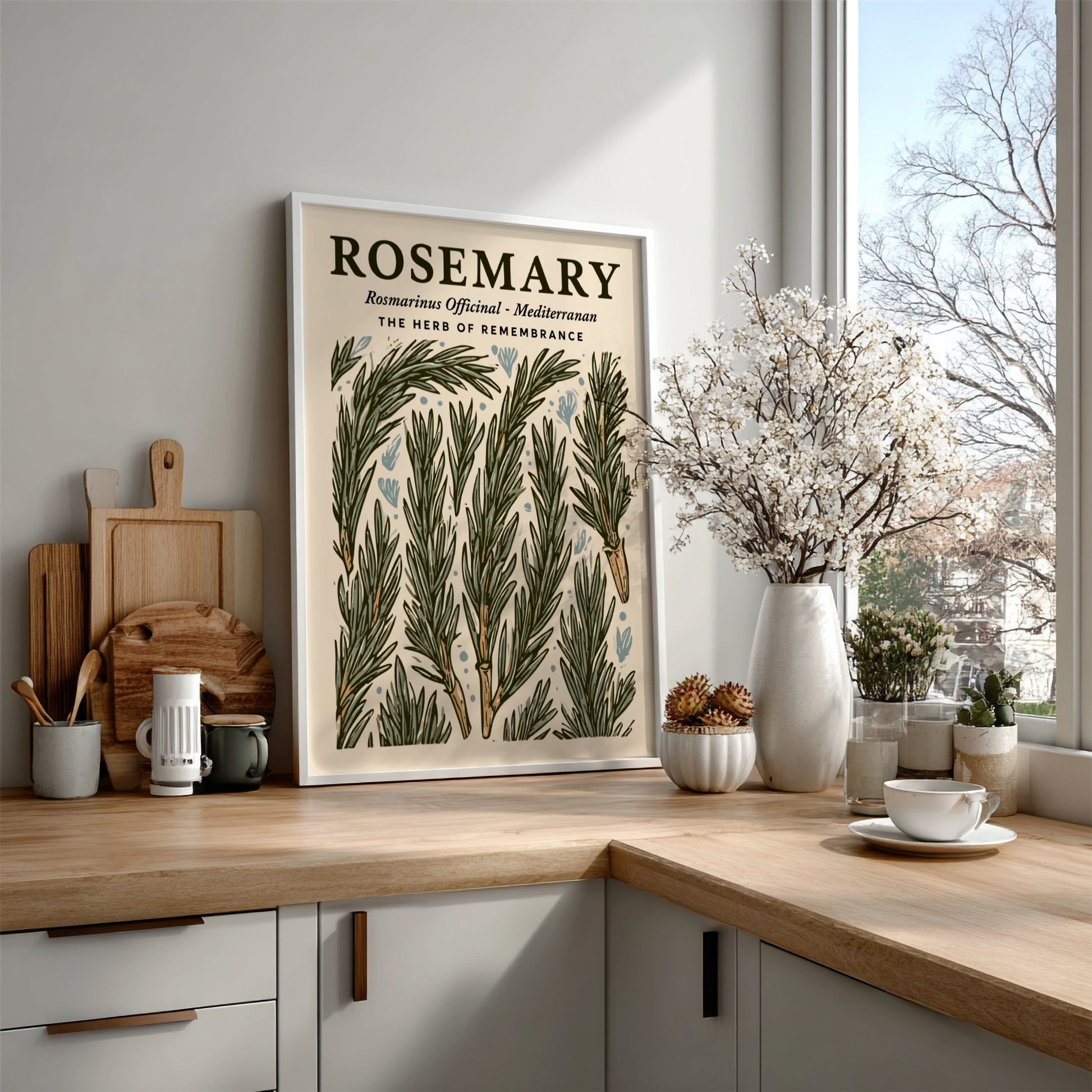 Kitchen poster featuring rosemary sprigs in green tones, botanical style, perfect for home decor
