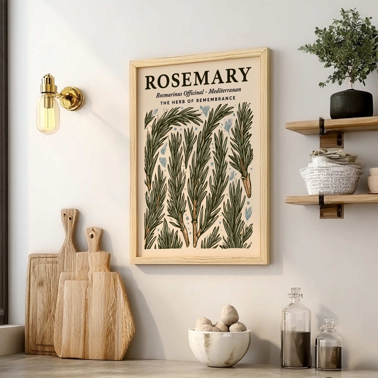 Kitchen poster featuring rosemary sprigs in green tones, botanical style, perfect for home decor