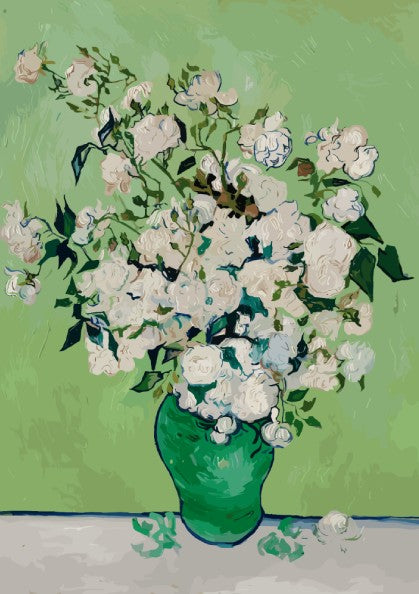 Vincent van Gogh's White Roses art poster in a green vase on a table.
