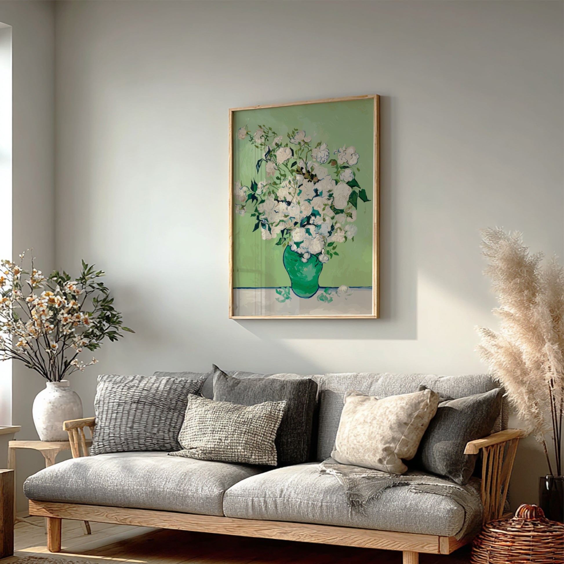 Vincent van Gogh's White Roses art poster in a green vase on a table.
