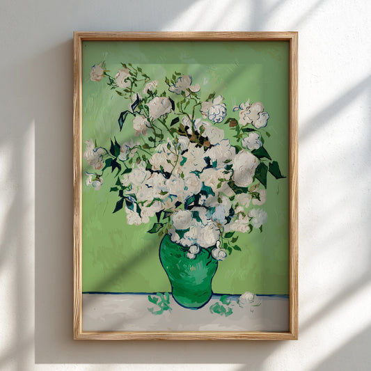 Vincent van Gogh's White Roses art poster in a green vase on a table.