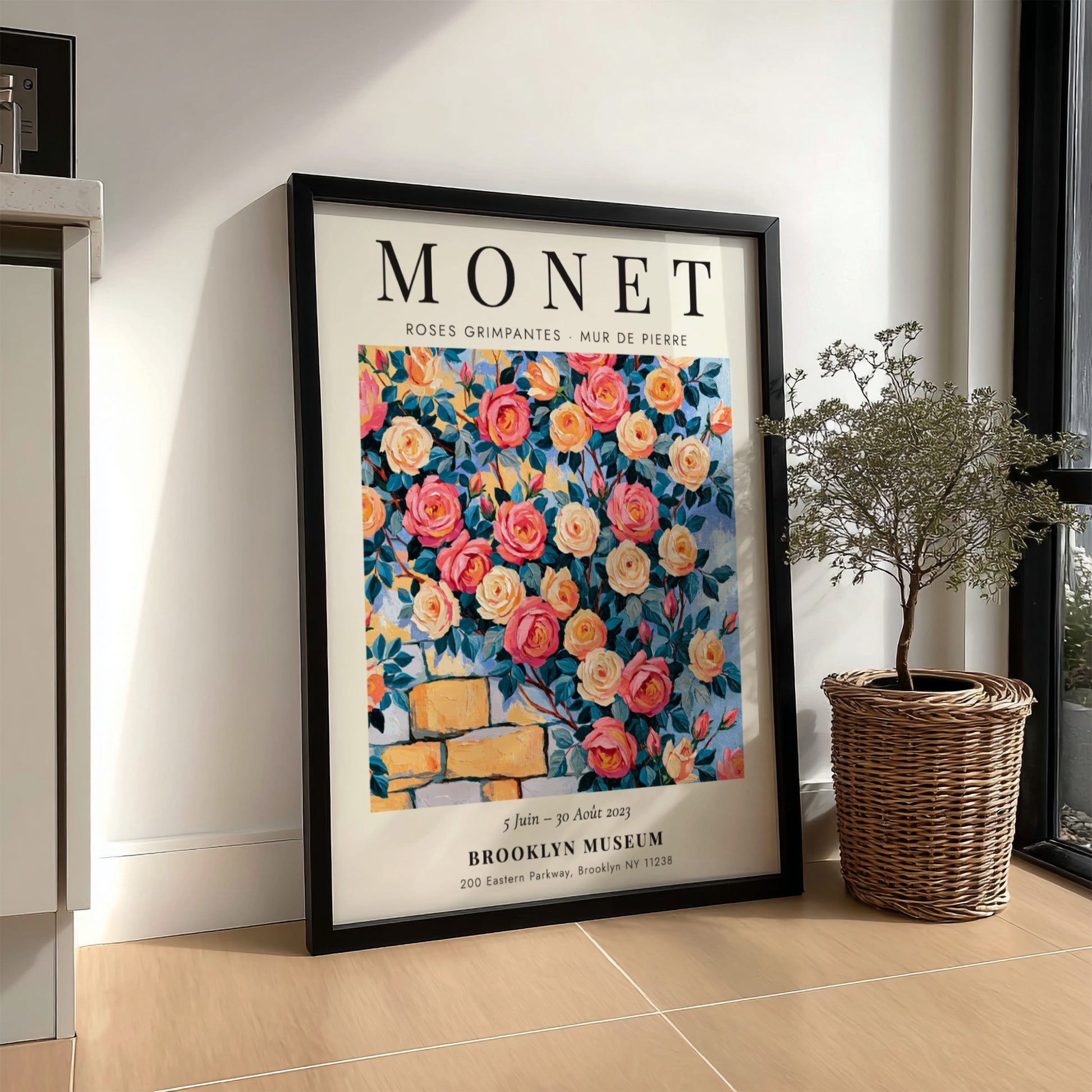 Monet-inspired wall art featuring vibrant roses and stone wall details