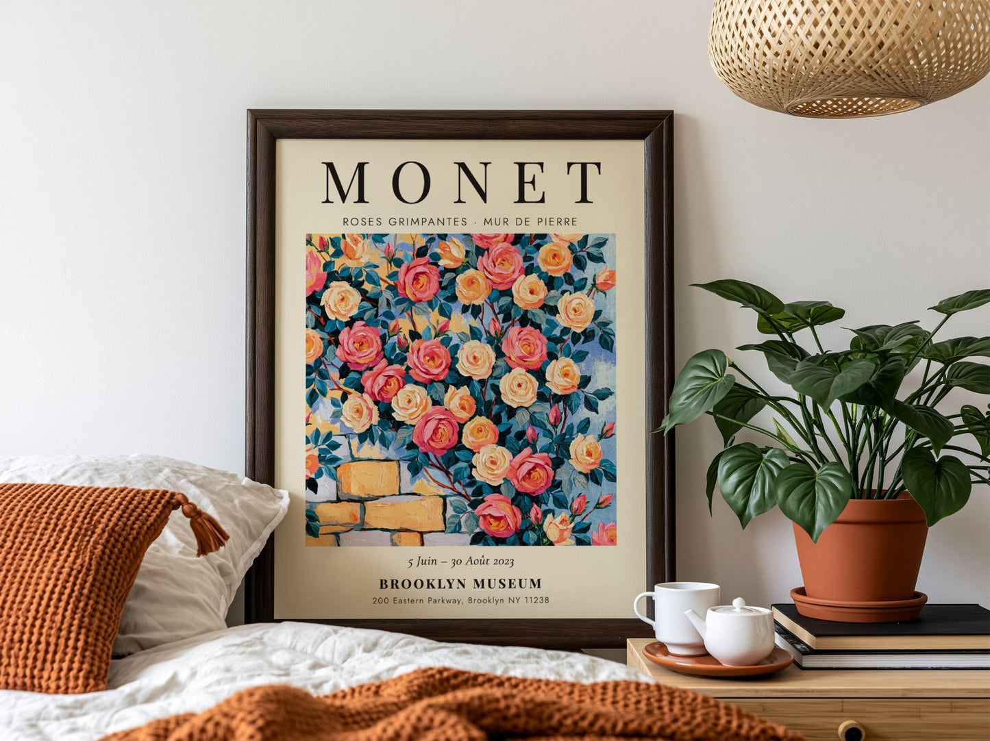 Monet-inspired wall art featuring vibrant roses and stone wall details