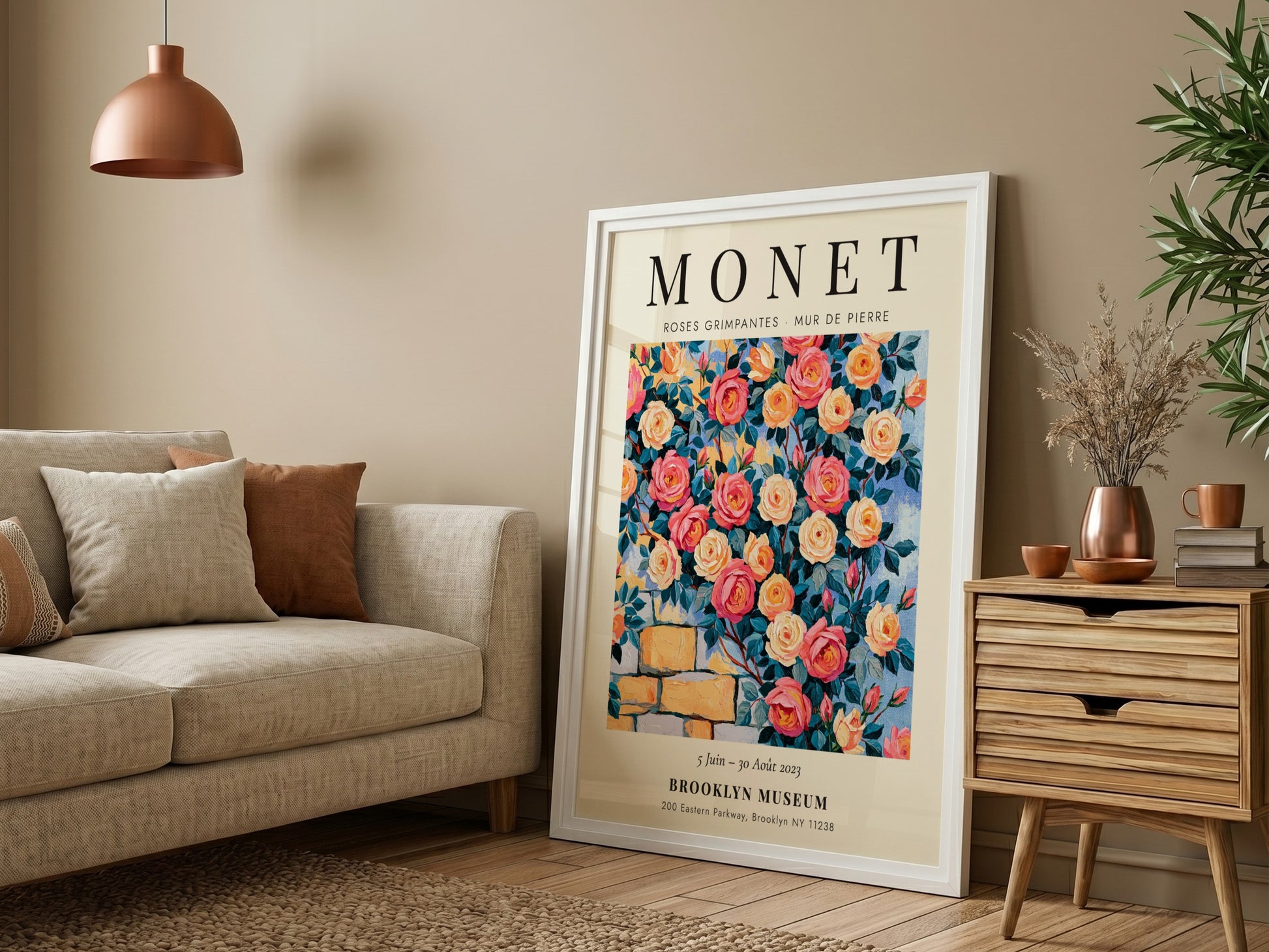 Monet-inspired wall art featuring vibrant roses and stone wall details