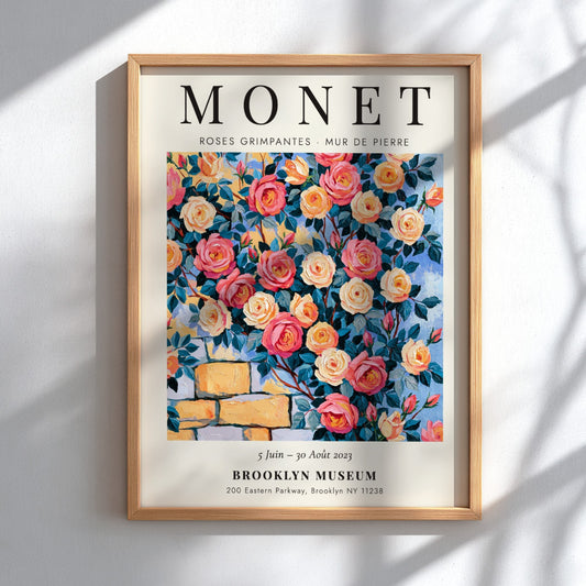 Monet-inspired wall art featuring vibrant roses and stone wall details