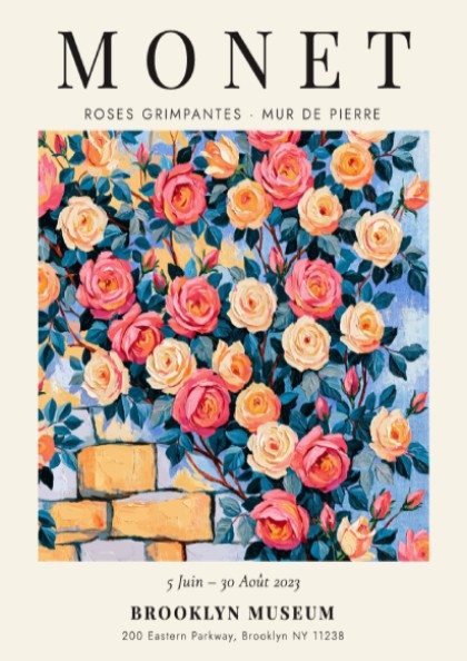 Monet-inspired wall art featuring vibrant roses and stone wall details