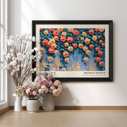 Roses Grimpantes wall art print featuring vibrant pink and yellow flowers in impressionistic style
