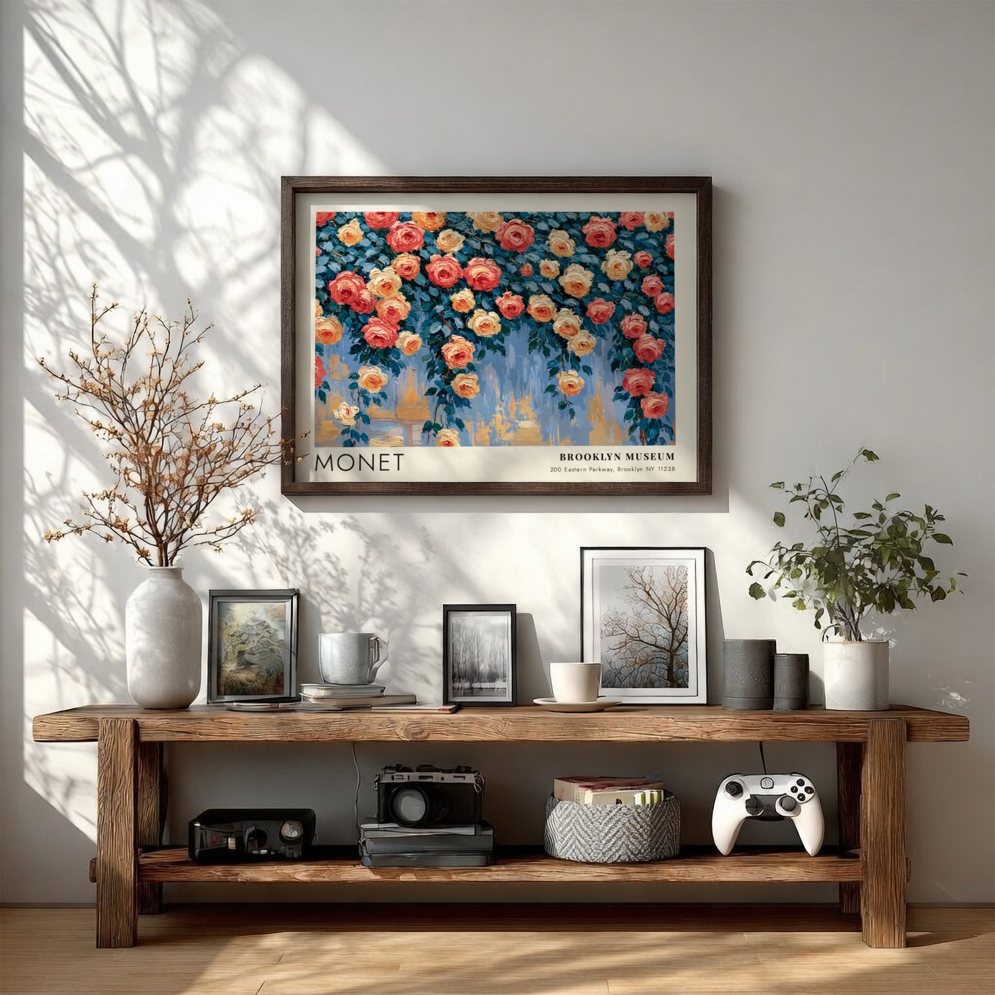 Roses Grimpantes wall art print featuring vibrant pink and yellow flowers in impressionistic style