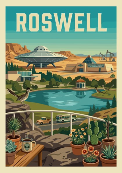 Roswell UFO poster featuring a retro desert landscape with a flying saucer, lake, and vintage vehicles.