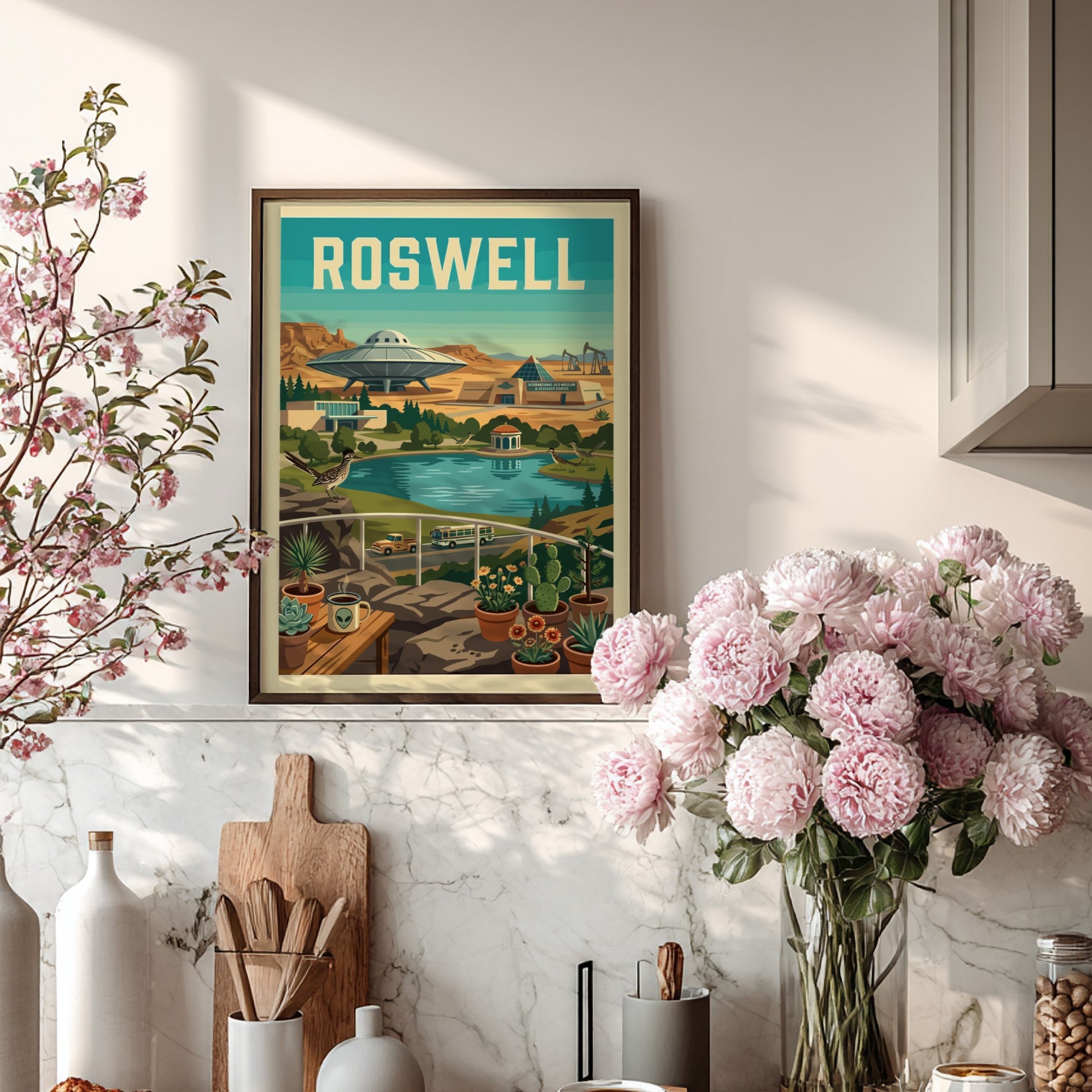 Roswell UFO poster featuring a retro desert landscape with a flying saucer, lake, and vintage vehicles.