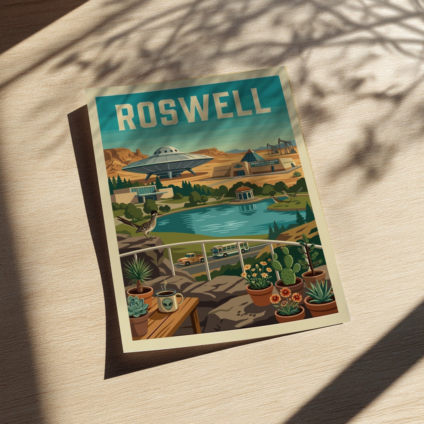 Roswell UFO poster featuring a retro desert landscape with a flying saucer, lake, and vintage vehicles.