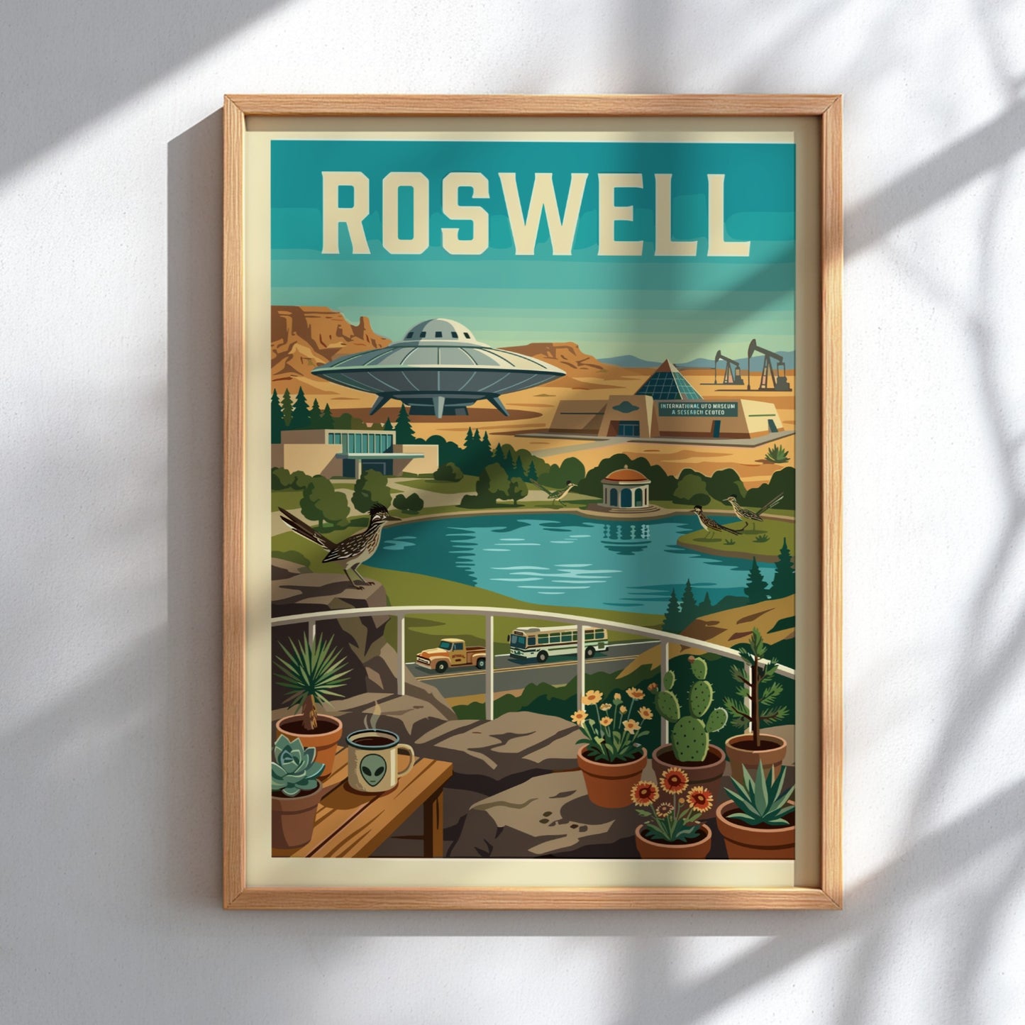 Roswell UFO poster featuring a retro desert landscape with a flying saucer, lake, and vintage vehicles.