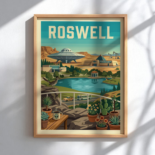 Roswell UFO poster featuring a retro desert landscape with a flying saucer, lake, and vintage vehicles.