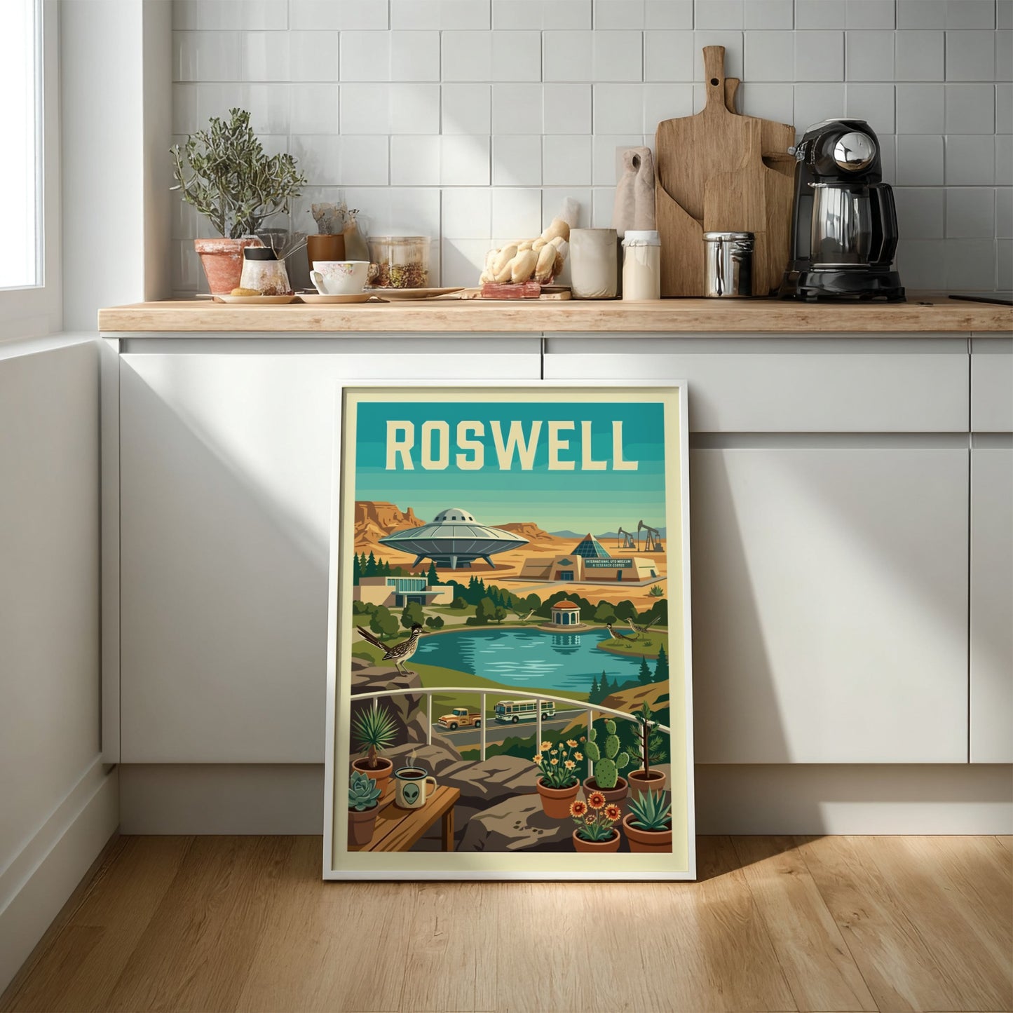 Roswell UFO poster featuring a retro desert landscape with a flying saucer, lake, and vintage vehicles.