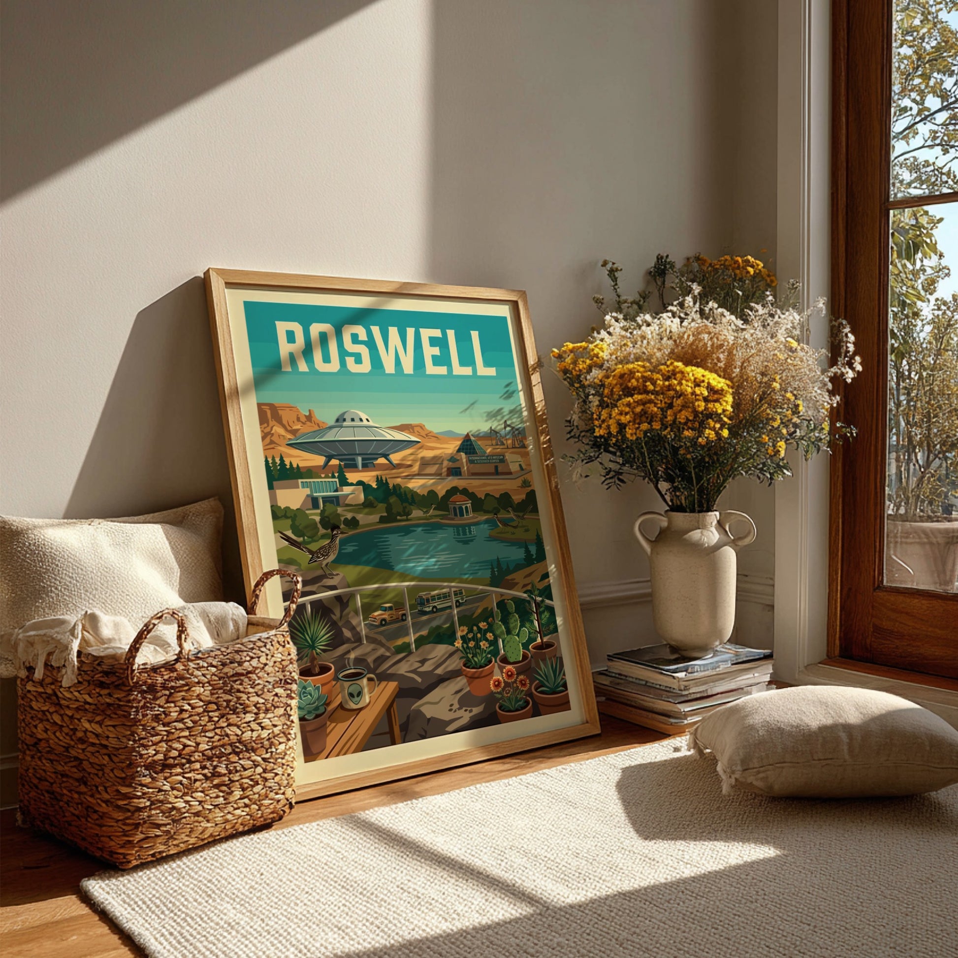 Roswell UFO poster featuring a retro desert landscape with a flying saucer, lake, and vintage vehicles.