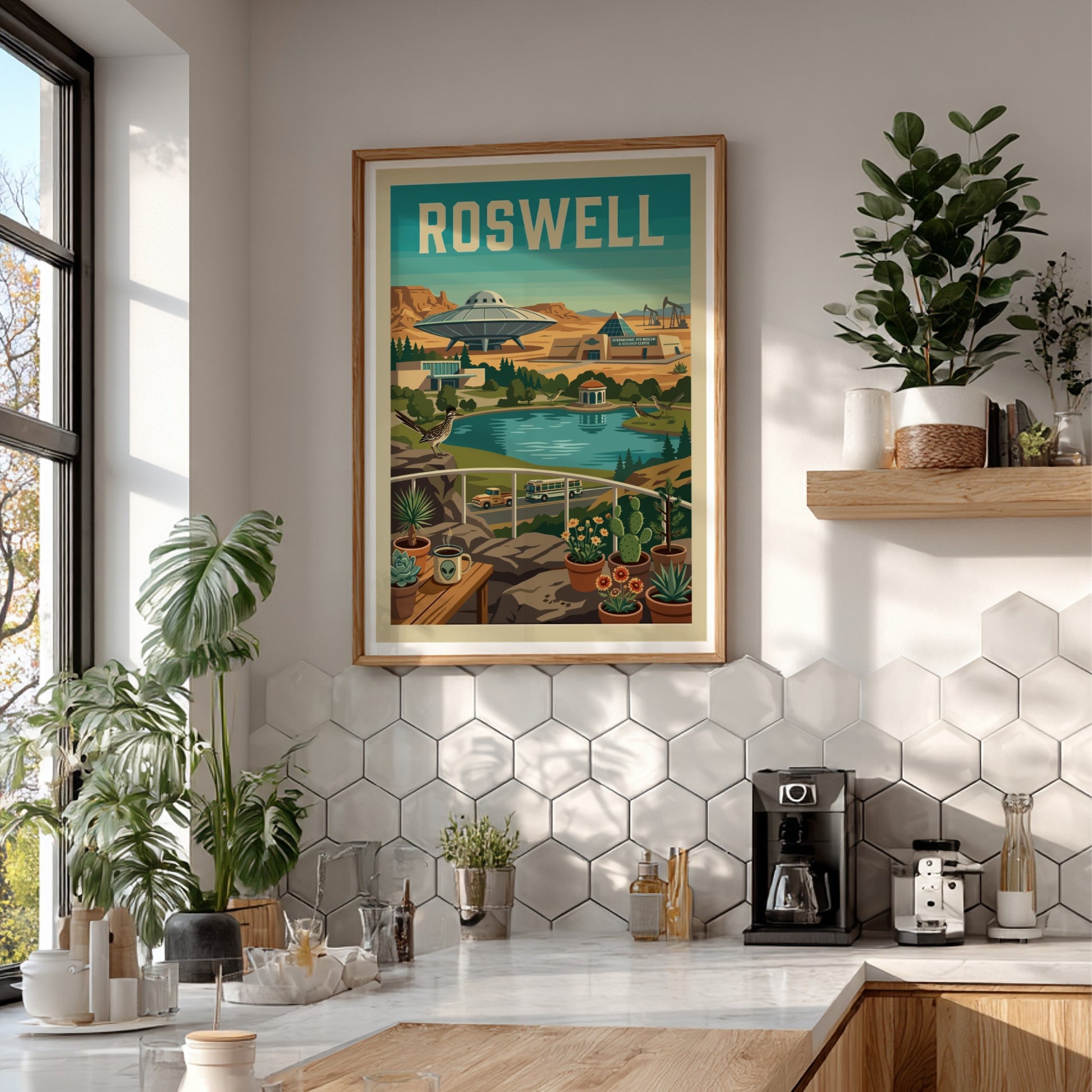 Roswell UFO poster featuring a retro desert landscape with a flying saucer, lake, and vintage vehicles.
