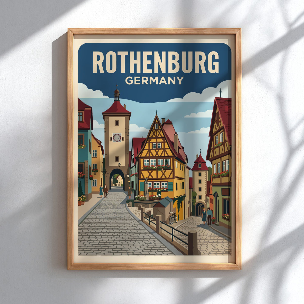 Rothenburg Germany travel poster featuring a historic clock tower and colorful timber houses.