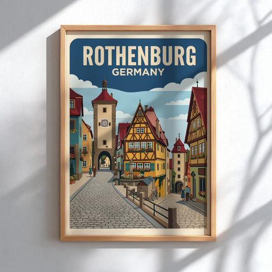 Rothenburg Germany travel poster featuring a historic clock tower and colorful timber houses.