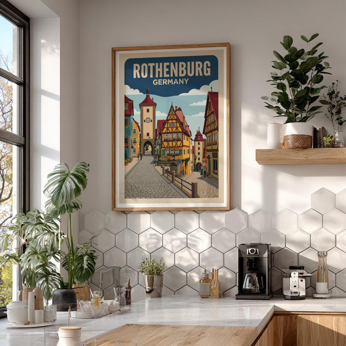 Rothenburg Germany travel poster featuring a historic clock tower and colorful timber houses.
