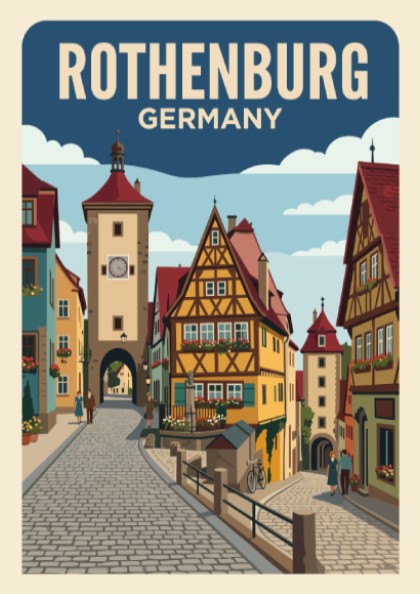 Rothenburg Germany travel poster featuring a historic clock tower and colorful timber houses.