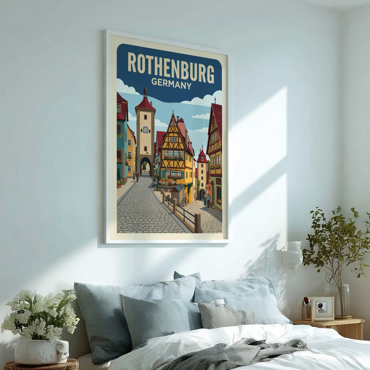 Rothenburg Germany travel poster featuring a historic clock tower and colorful timber houses.