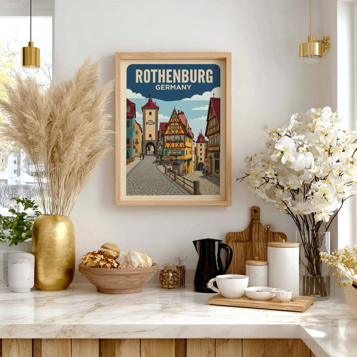 Rothenburg Germany travel poster featuring a historic clock tower and colorful timber houses.