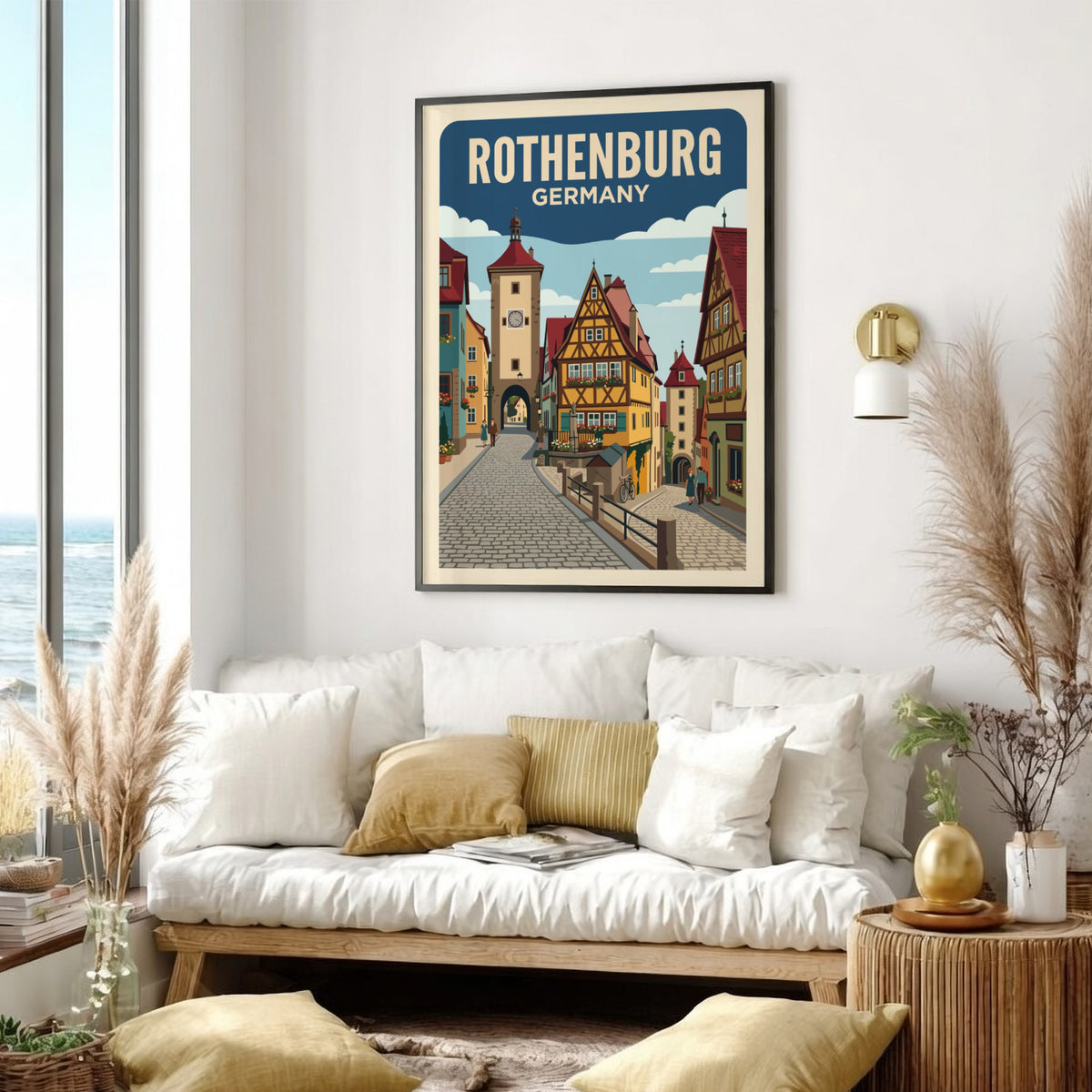 Rothenburg Germany travel poster featuring a historic clock tower and colorful timber houses.