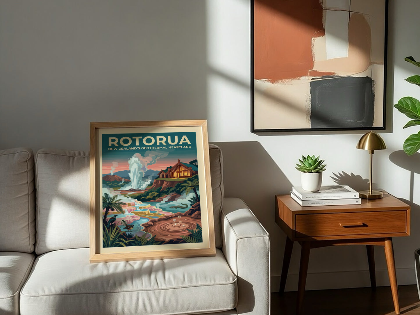 Travel poster of Rotorua New Zealand showing a geyser, traditional house, and birds.