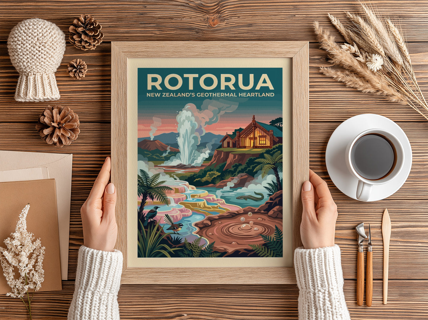 Travel poster of Rotorua New Zealand showing a geyser, traditional house, and birds.