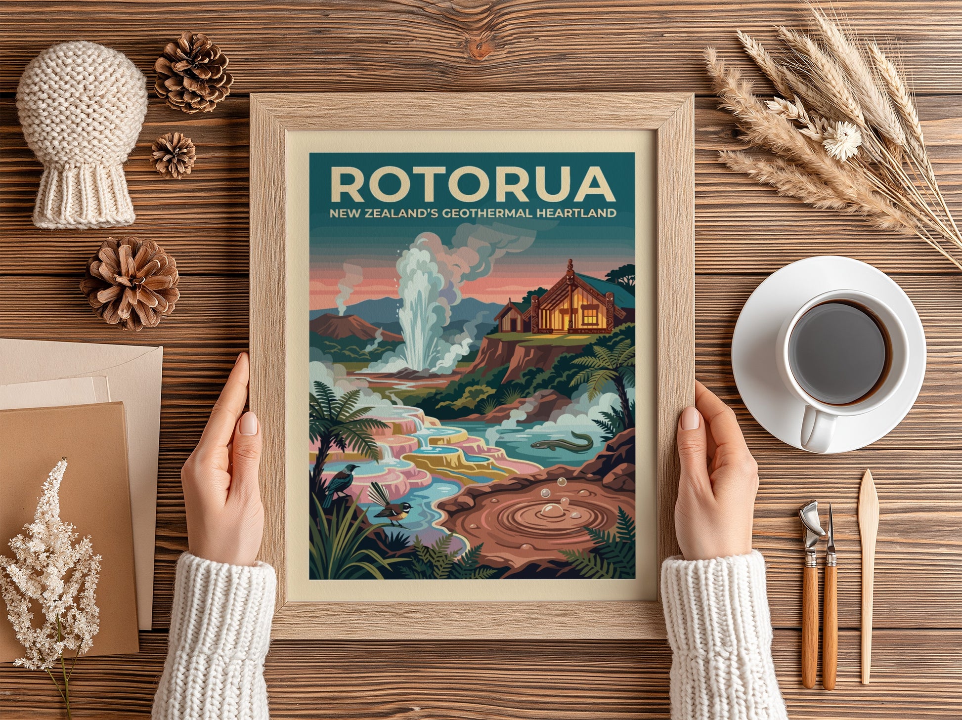 Travel poster of Rotorua New Zealand showing a geyser, traditional house, and birds.