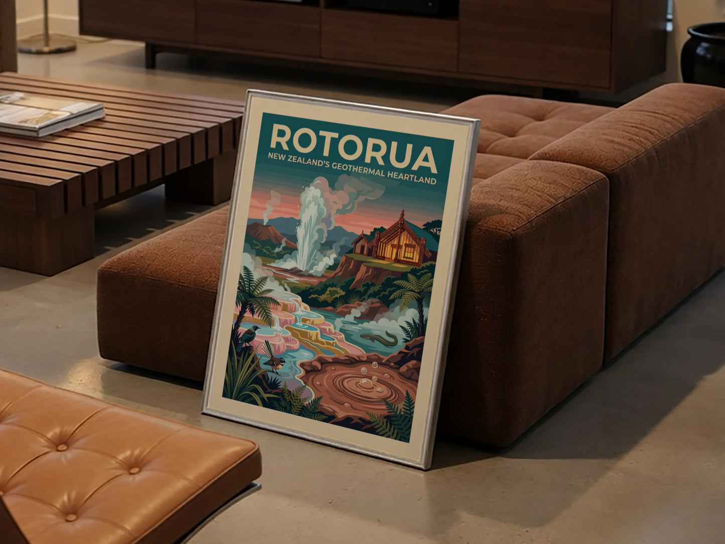 Travel poster of Rotorua New Zealand showing a geyser, traditional house, and birds.