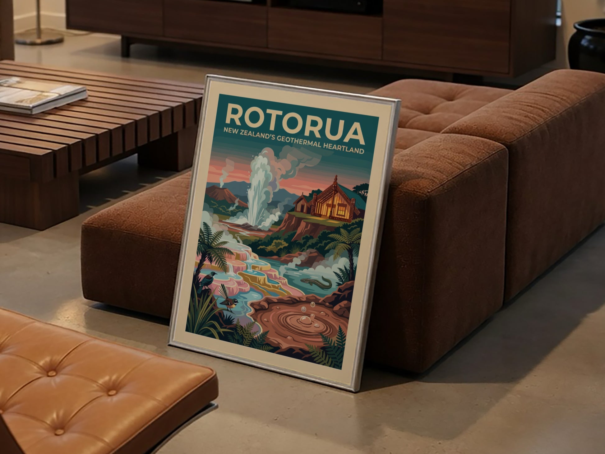 Travel poster of Rotorua New Zealand showing a geyser, traditional house, and birds.