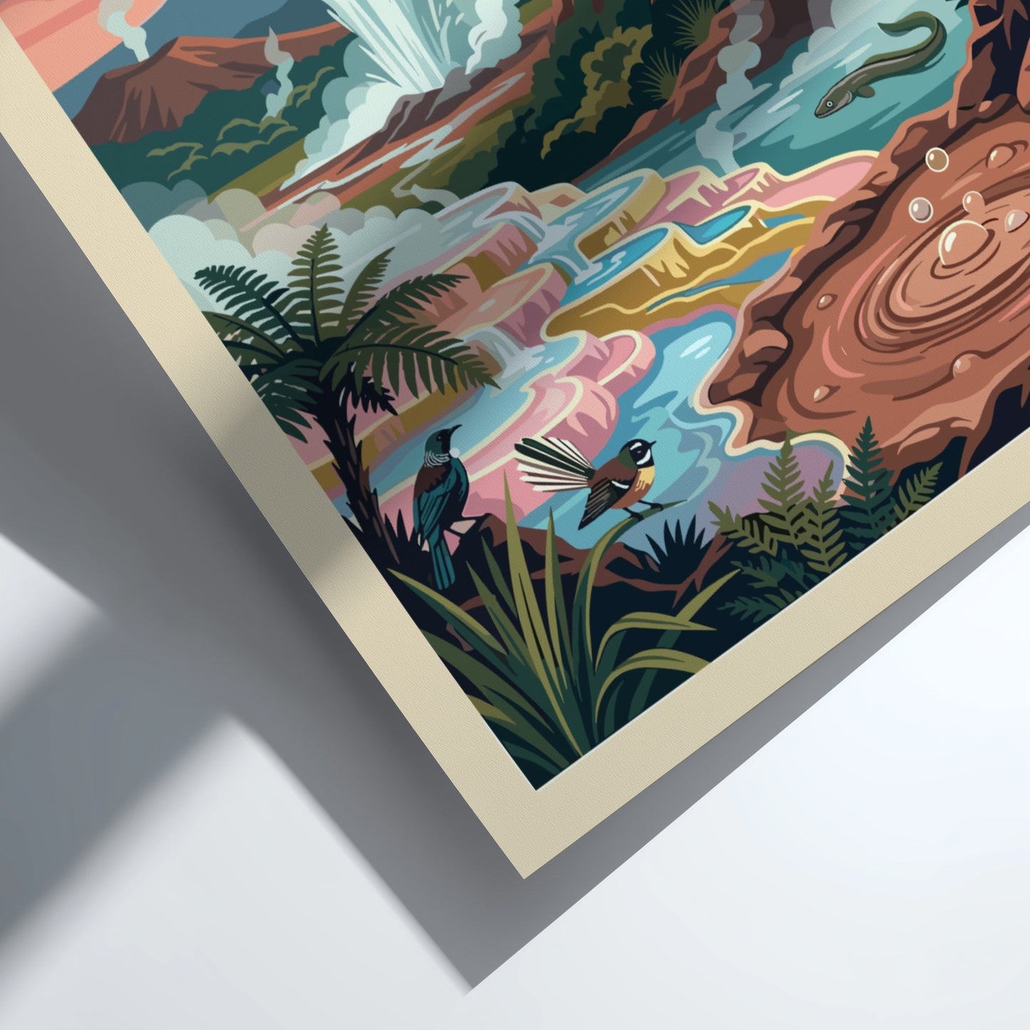 Travel poster of Rotorua New Zealand showing a geyser, traditional house, and birds.