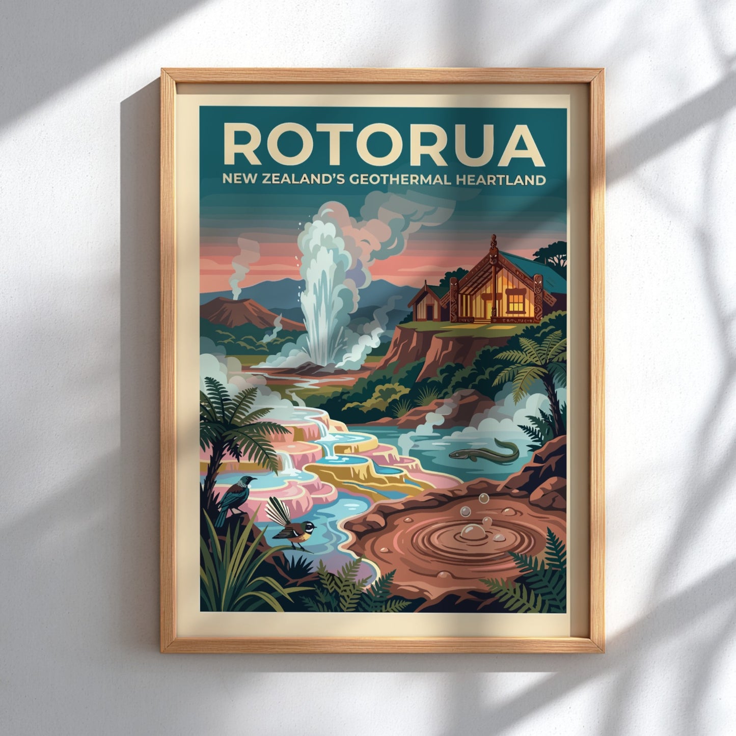 Travel poster of Rotorua New Zealand showing a geyser, traditional house, and birds.