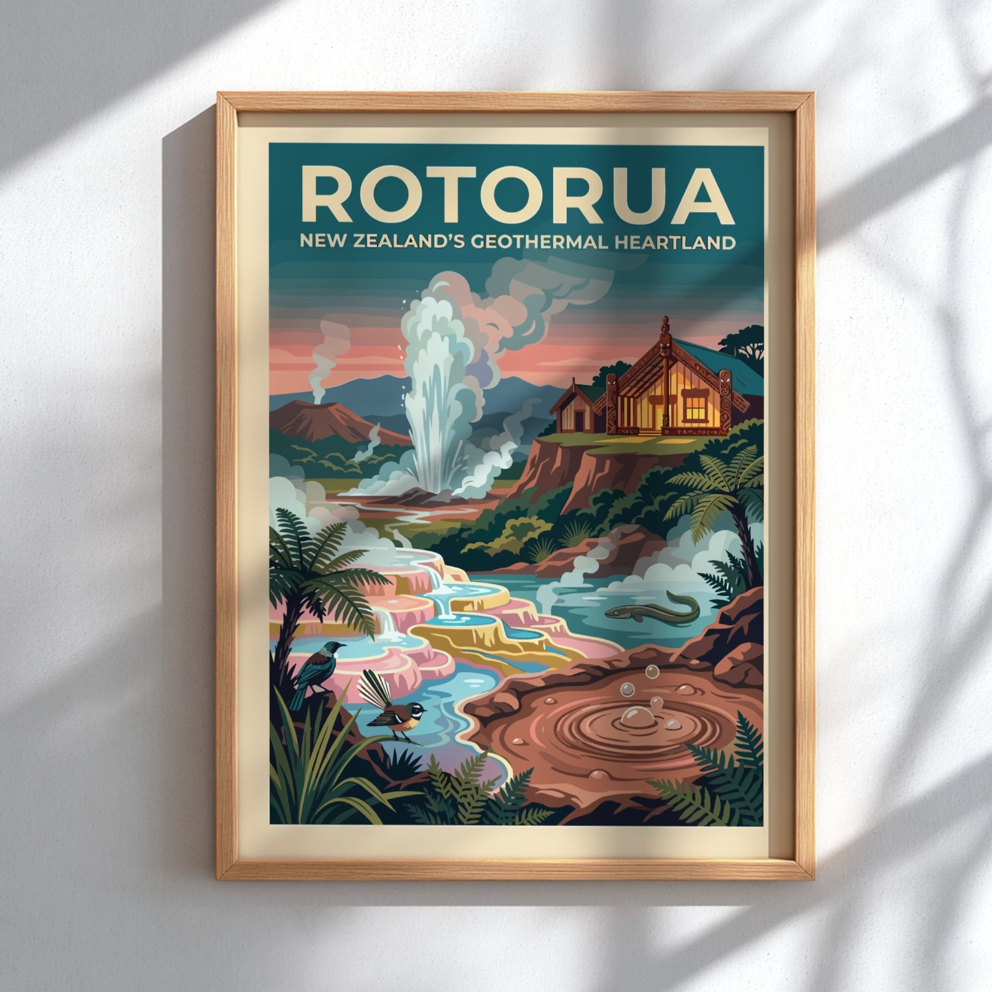 Travel poster of Rotorua New Zealand showing a geyser, traditional house, and birds.