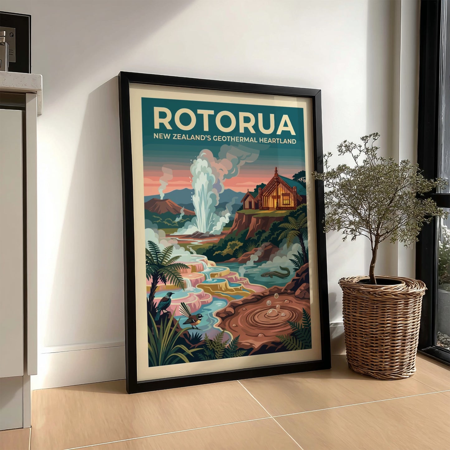 Travel poster of Rotorua New Zealand showing a geyser, traditional house, and birds.