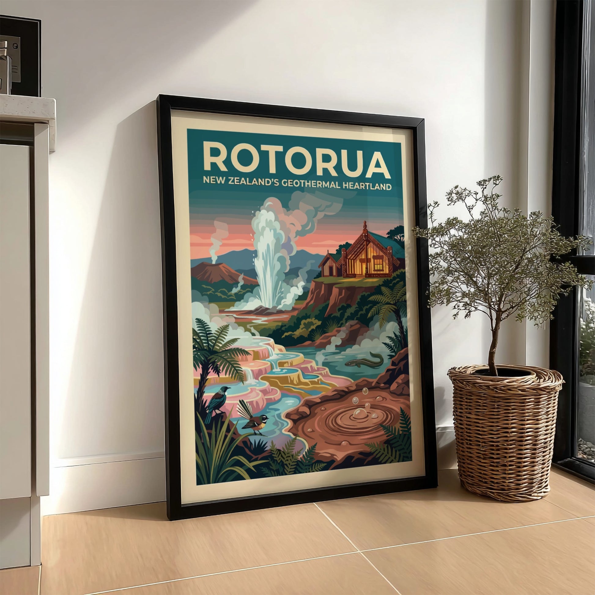 Travel poster of Rotorua New Zealand showing a geyser, traditional house, and birds.