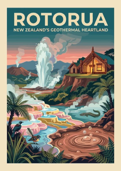 Travel poster of Rotorua New Zealand showing a geyser, traditional house, and birds.